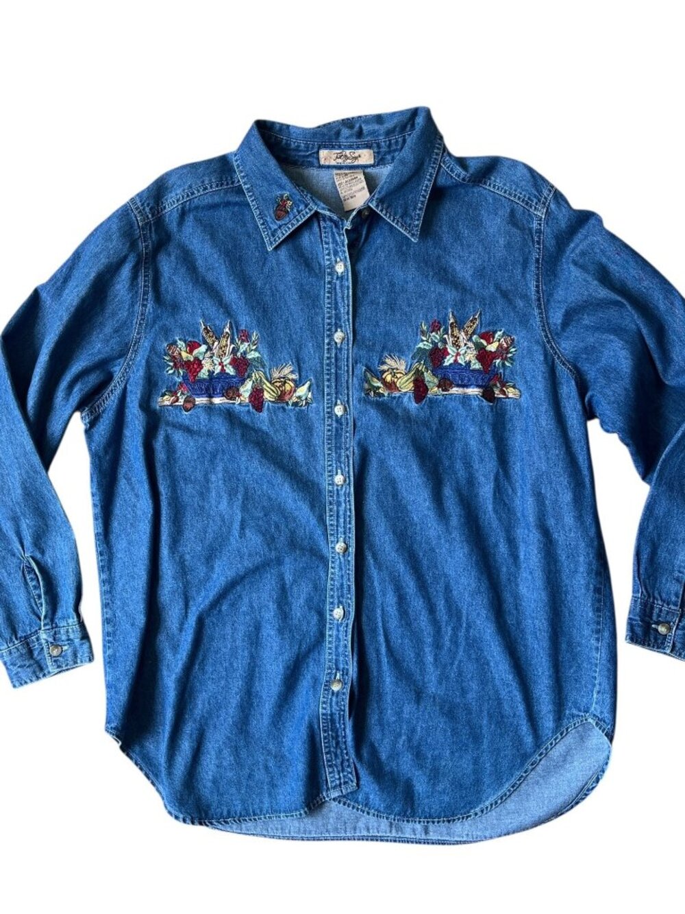 Just My Size Embroidered FallCore Artsy Denim Button Down Shirt Womens 14/16